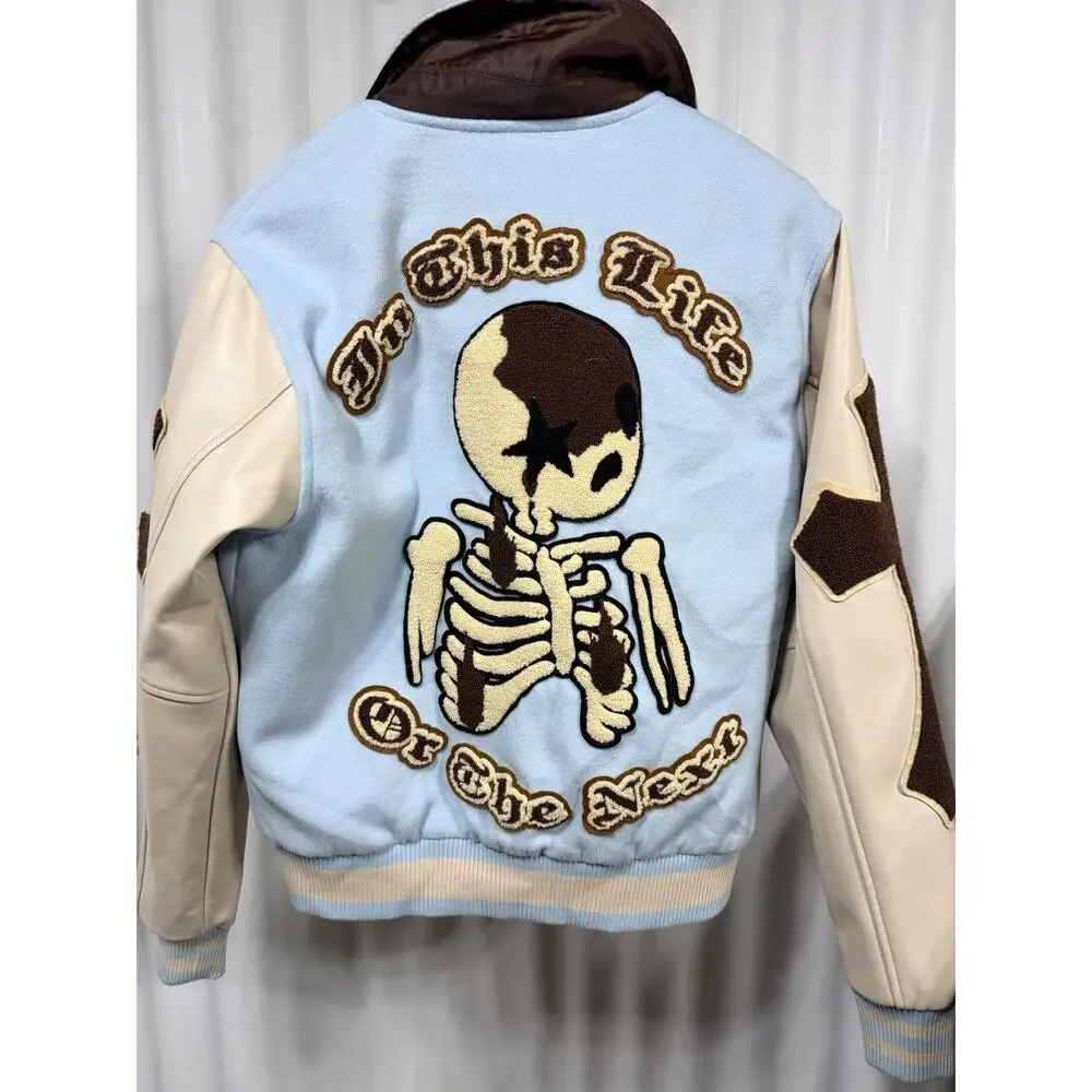 VRT Streetwear Varsity Jacket XS Blue Skeleton In This Life Or The Next Patch